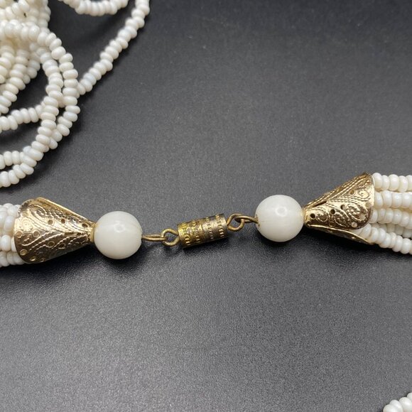 White Seed Bead Multi Strand Necklace Gold Tone Filigree Caps Glass 32" Vtg READ - Picture 8 of 8